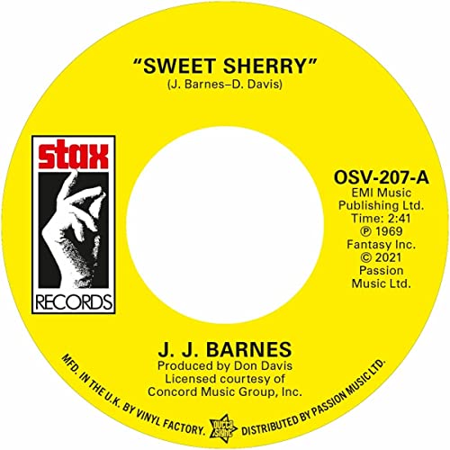 Yellow vinyl record label with "Sweet Sherry" by J.J. Barnes text.