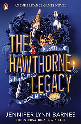 Book cover: "The Hawthorne Legacy" with ornate gold and floral design.