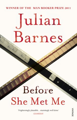 Book cover: "Before She Met Me" by Julian Barnes, with filmstrip imagery.