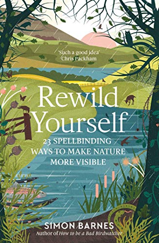 Book cover illustration of a rainy landscape with a river, hills, and wildlife.