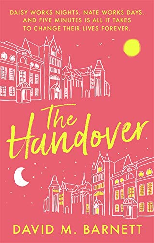 Book cover: "The Handover" with illustrated buildings and a yellow sun.