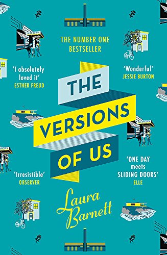 Book cover for The Versions of Us by Laura Barnett with teal background and illustrations.