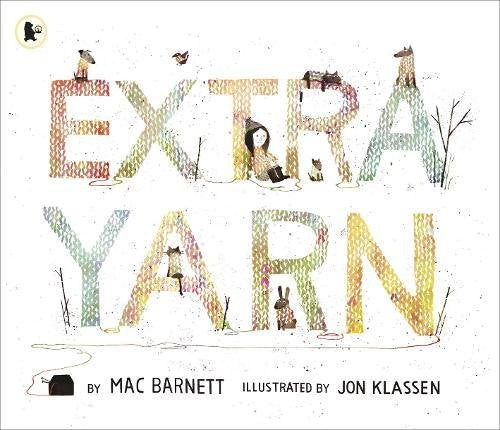 "Children's book cover with colorful yarn-filled letters and whimsical illustrations on a white background."