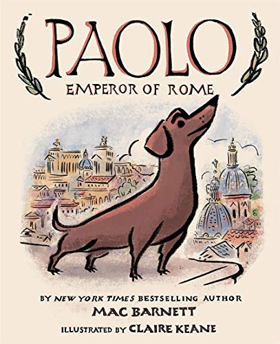 Illustration of a dachshund standing before a sketch of the Rome skyline.