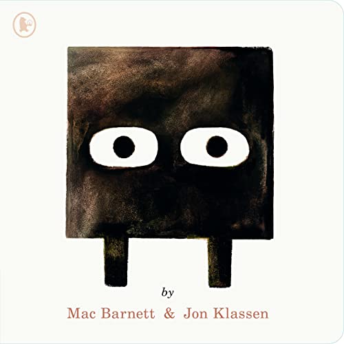Dark brown square with white eyes and short legs, book cover.