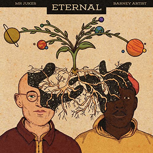 Album cover with two illustrated heads and planetary botanical imagery.
