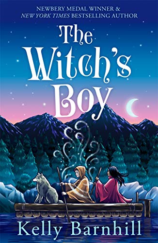 Book cover: boy, wolf, and woman in a boat with mountains.