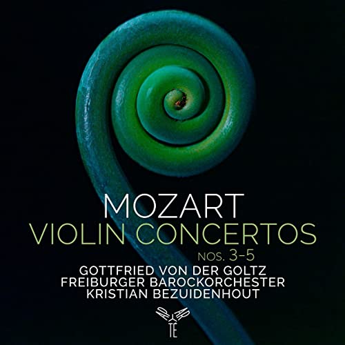 CD cover: green spiral design with "Mozart Violin Concertos" text.
