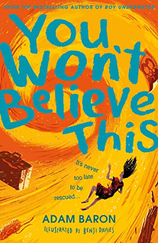 Book cover with swirling orange background, falling girl, suitcase, and large blue title text.