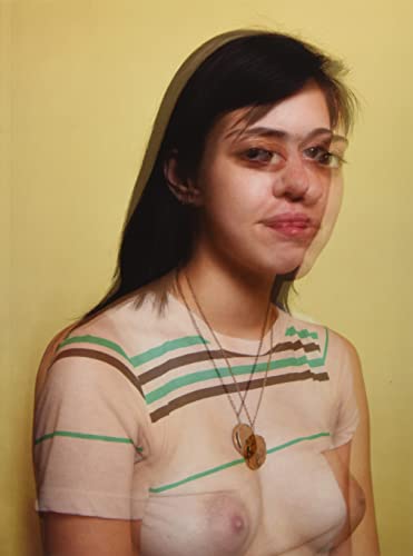 Young woman with distorted face and partially exposed torso, striped shirt.