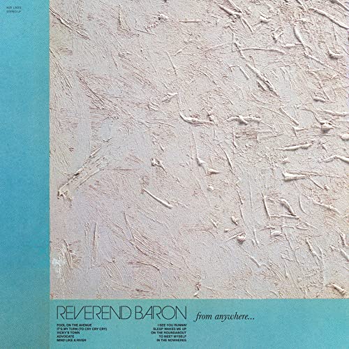 Vinyl album cover with textured beige background, blue borders, and tracklist at the bottom.