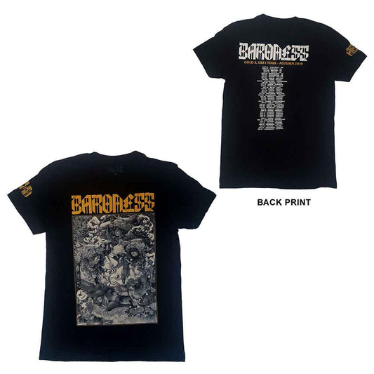 Black t-shirt with large gold and grey Baroness graphic on back.