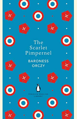 Blue book cover with red and white patterns, featuring "The Scarlet Pimpernel" title.