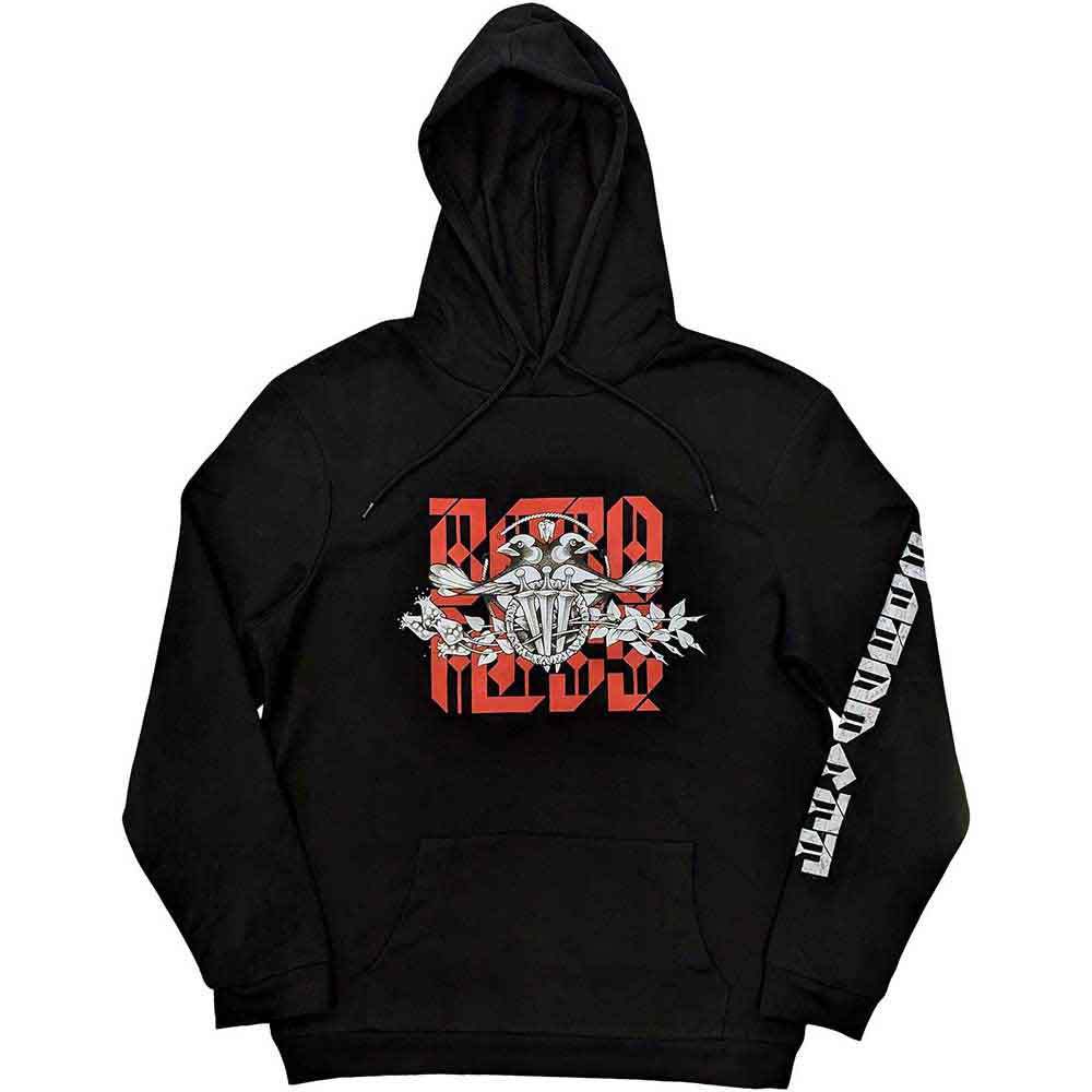 Black unisex pullover hoodie featuring Baroness branding and graphic print on the sleeves.
