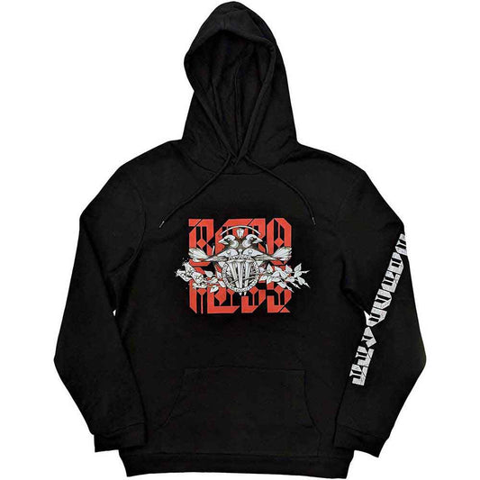 Black unisex pullover hoodie featuring Baroness branding and graphic print on the sleeves.