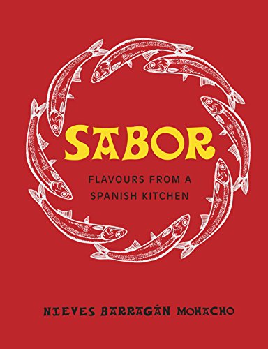Red cookbook cover with white fish illustrations and yellow title "Sabor".