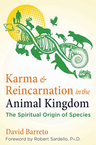 Book cover with animals, DNA strand, and text: "Karma & Reincarnation.