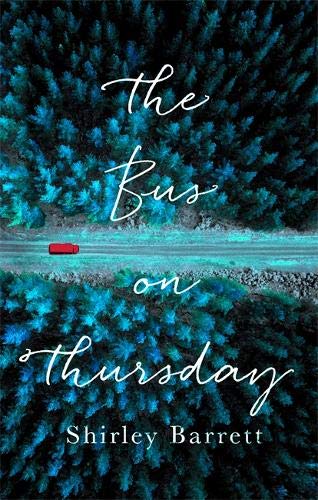 Book cover: aerial view of a red bus on a forest road.