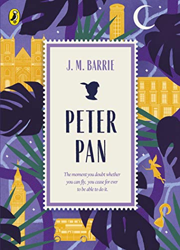 Book cover for "Peter Pan" with illustrated London skyline and foliage.