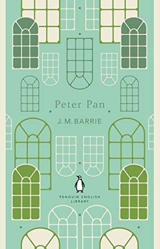Book cover for Peter Pan by J.M. Barrie featuring a green window pattern design.