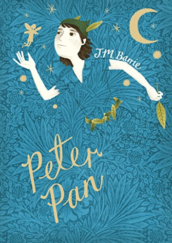Illustration of Peter Pan in green, with Tinkerbell and a crescent moon.