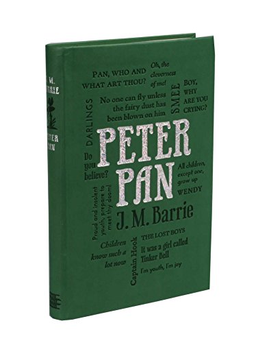 Green book cover with “Peter Pan” in glittery text and word cloud design.
