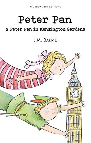 Book cover for Peter Pan by J.M. Barrie featuring illustrations of Peter and Wendy.