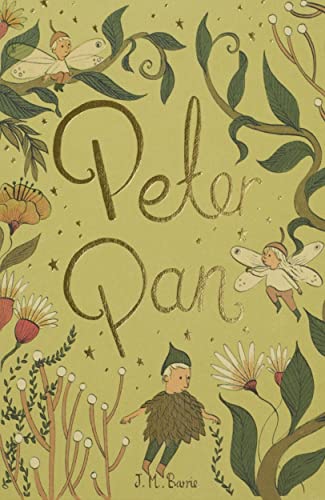 Book cover featuring Peter Pan, fairies, and floral illustrations on a light green background.