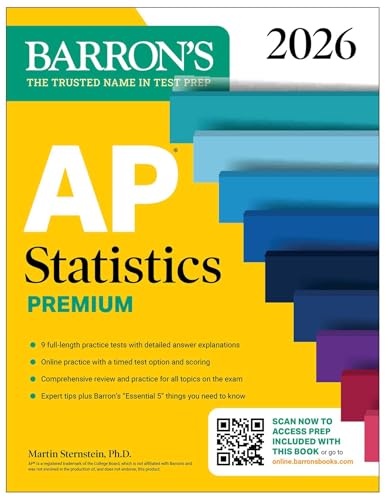 Barron's AP Statistics Premium 2026 test prep book cover with yellow and blue design.