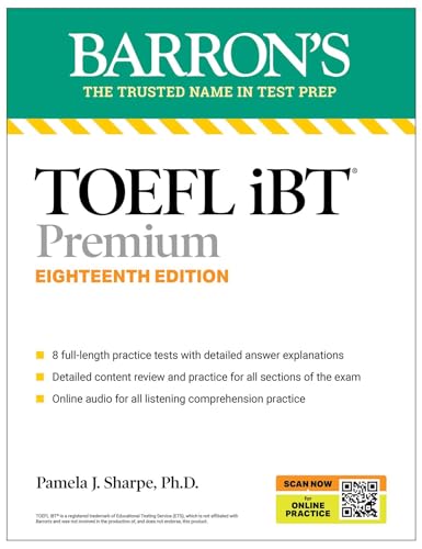 Book cover for Barron's TOEFL iBT Premium, Eighteenth Edition, by Pamela J. Sharpe, Ph.D.