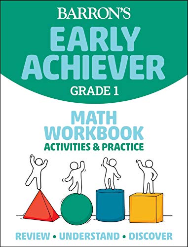 Barron’s Grade 1 Math Workbook cover with stick figures and shapes.