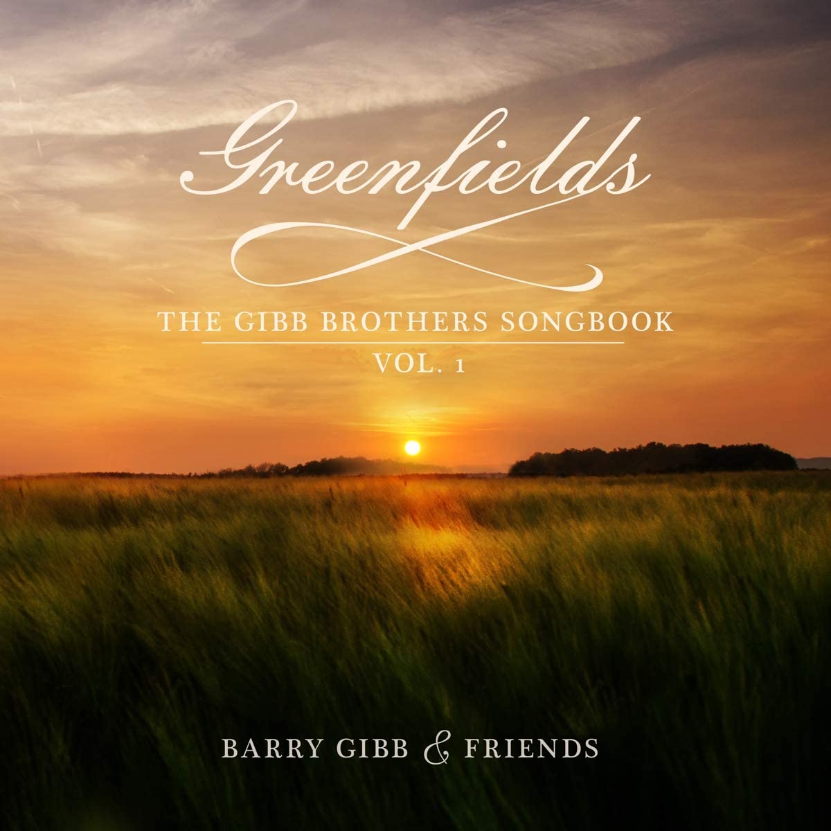 "Album cover with a serene sunset over a grassy field, titled 'Greenfields'."