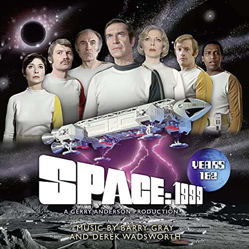 Cast of Space: 1999 with a spaceship, moon base, and text on starry background.