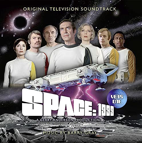 Cast of Space: 1999 with a spaceship, moon base, and text on a starry background.