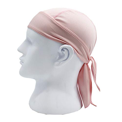 Pink skullcap with tied ends displayed on a white mannequin head.