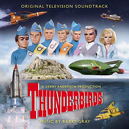 Thunderbirds soundtrack vinyl cover featuring puppets, vehicles, and the show's logo against a sky.