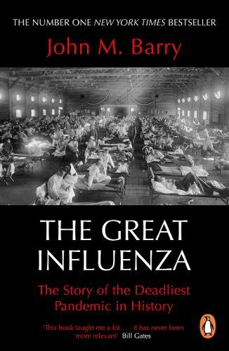 Book cover: "The Great Influenza" with a historic hospital ward image.