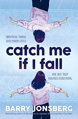 Book cover: girl falling mirrored with another, blue and white design.