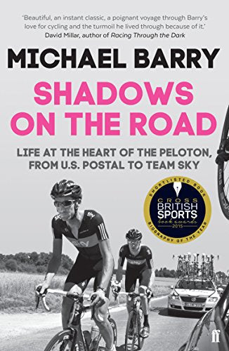 Book cover: “Shadows on the Road” by Michael Barry, featuring cyclists.