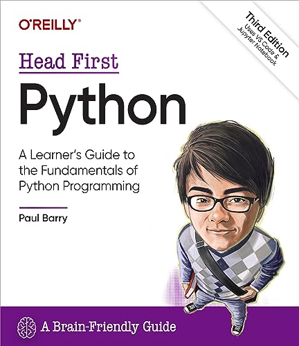 Book cover: "Head First Python" with illustration of a young man.