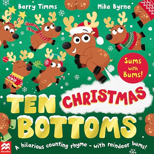 Children's book cover with cartoon reindeer and festive text.