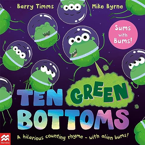 Book cover featuring cartoon green aliens in space helmets with the title Ten Green Bottoms.