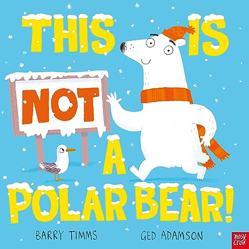 A cartoon polar bear wearing a hat and scarf waves next to a seagull.