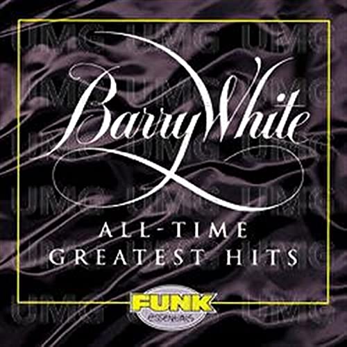 Barry White All-Time Greatest Hits CD cover with white text on dark satin background.