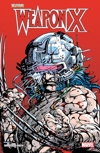 Wolverine with metallic enhancements and claws, red background, comic book cover.