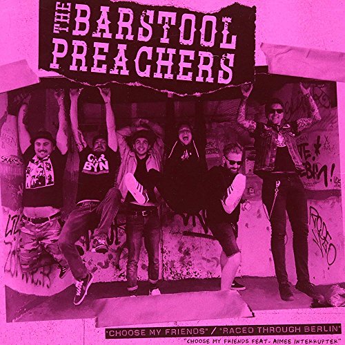 Five band members pose against a graffiti-covered wall in this bright pink-tinted album cover.