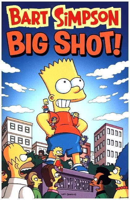 Giant Bart Simpson stands over a city crowd with other characters looking up.