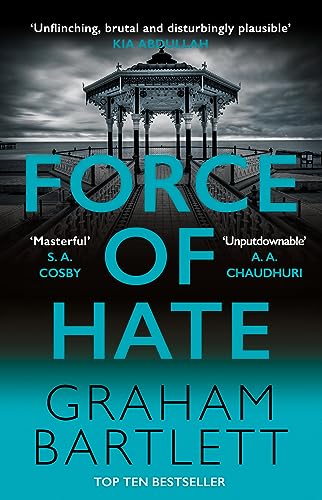 Book cover: “Force of Hate” with a pier and stormy sky backdrop.