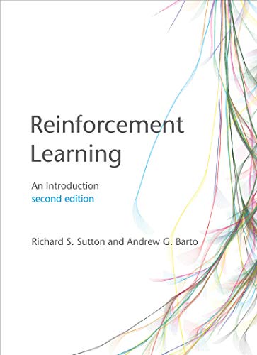 Book cover of Reinforcement Learning: An Introduction with abstract colorful lines on white background.