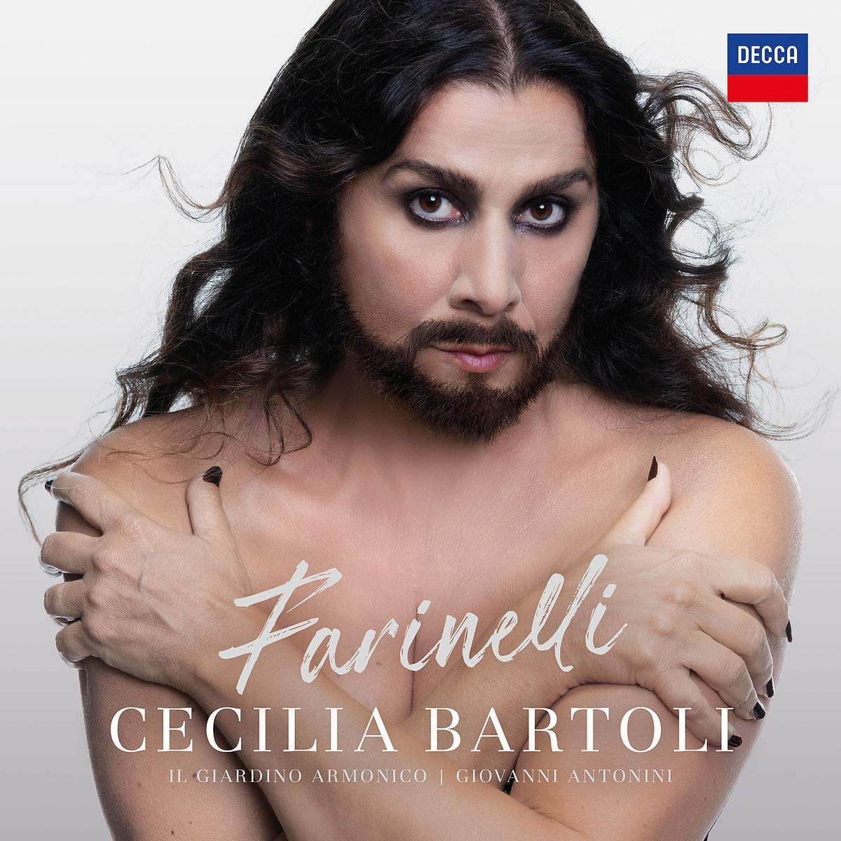 Cecilia Bartoli's "Farinelli" CD cover featuring a man with long hair and bare shoulders.